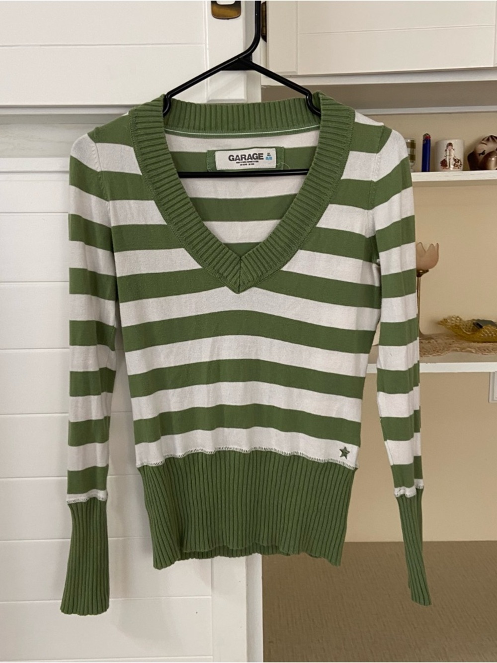 Y2K Green and White Striped Long Sleeve Top